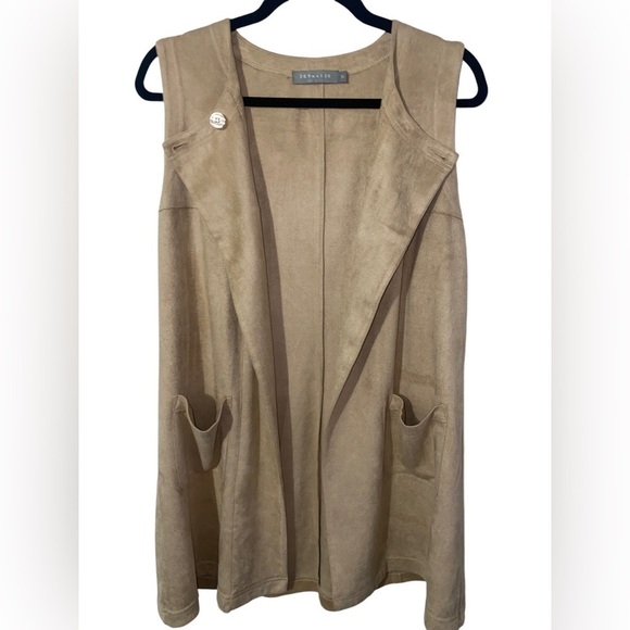 209WST38 NEW YORK Tan Suede Sleeveless Cape Cardigan Size 12 - Picture 3 of 5